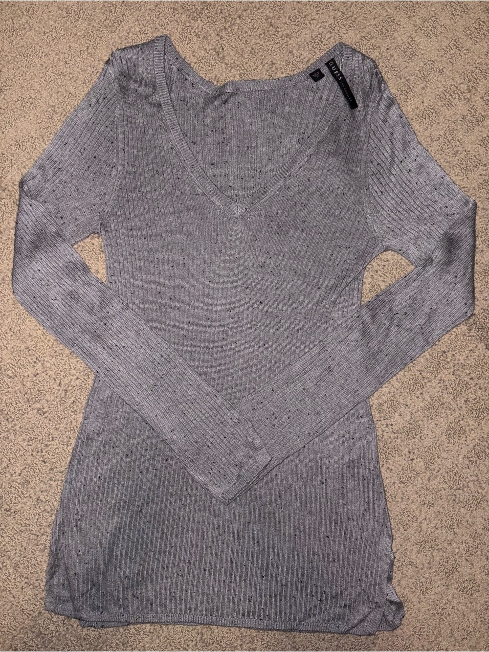 Guess Speckled Light Grey Ribbed V-Neck Sweater Long Sleeve Women’s Size XS